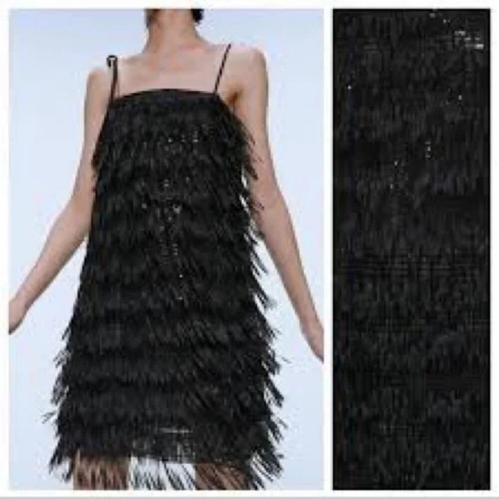 NWOT Zara Black Sequined Fringed Dress. SZ S - Picture 4 of 5